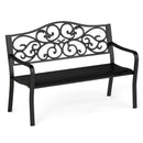 50 Inches Outdoor Cast Iron Metal Patio Bench with Floral Design Backrest and Slatted Seat-Black by LJGDeals