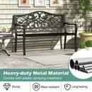 50 Inches Outdoor Cast Iron Metal Patio Bench with Floral Design Backrest and Slatted Seat-Black by LJGDeals