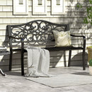 50 Inches Outdoor Cast Iron Metal Patio Bench with Floral Design Backrest and Slatted Seat-Black by LJGDeals