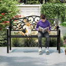 50 Inches Outdoor Cast Iron Metal Patio Bench with Floral Design Backrest and Slatted Seat-Black by LJGDeals