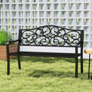 50 Inches Outdoor Cast Iron Metal Patio Bench with Floral Design Backrest and Slatted Seat-Black by LJGDeals