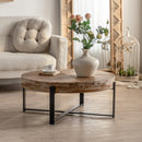 31.29" Modern Retro Splicing Round Coffee Table, Fir Wood Table Top with Cross Legs Metal Base