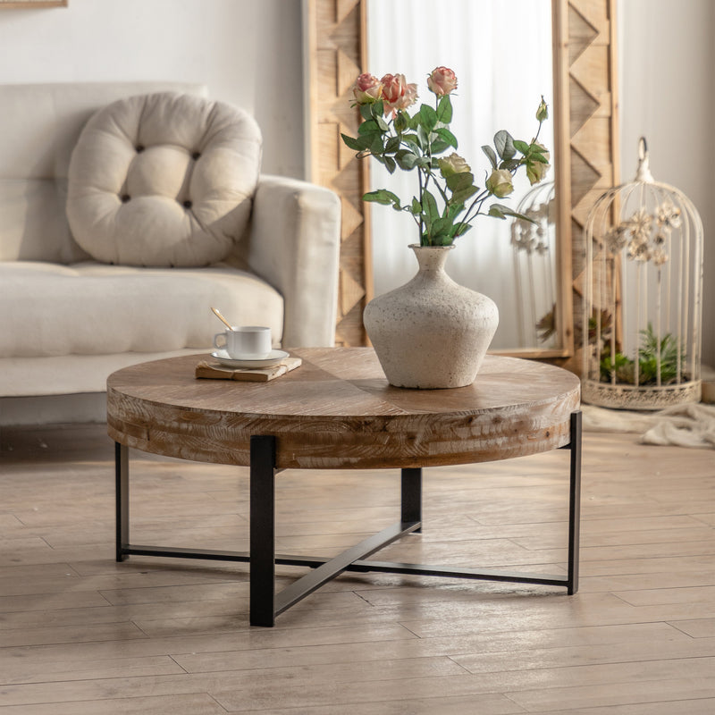 31.29"Modern Retro Splicing Round Coffee Table, Fir Wood Table Top with Black Cross Legs Base