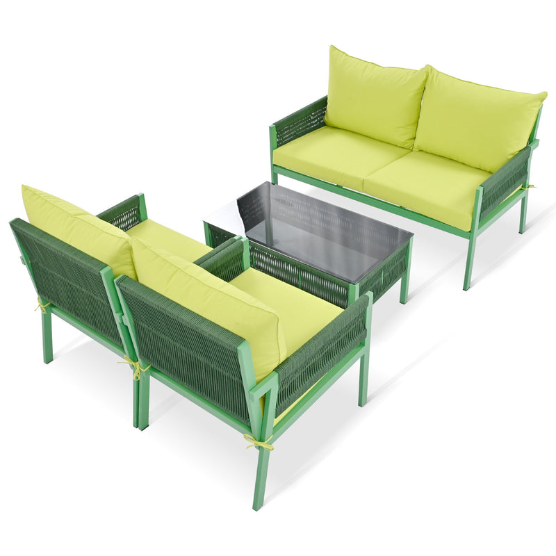 4-Piece Rope Patio Furniture Set, Outdoor Furniture with Tempered Glass Table, Patio Conversation Set Deep Seating with Thick Cushion for Backyard Porch Balcony (Fluorescent Yellow & Green)