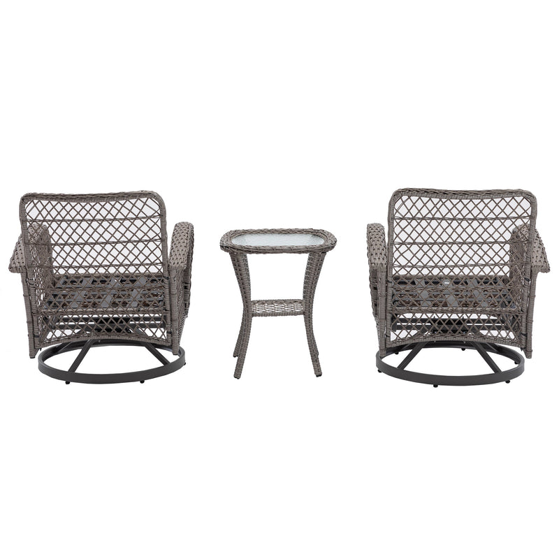 3 Pieces Outdoor Swivel Rocker Patio Chairs, 360 Degree Rocking Patio Conversation Set with Thickened Cushions and Glass Coffee Table for Backyard, Grey