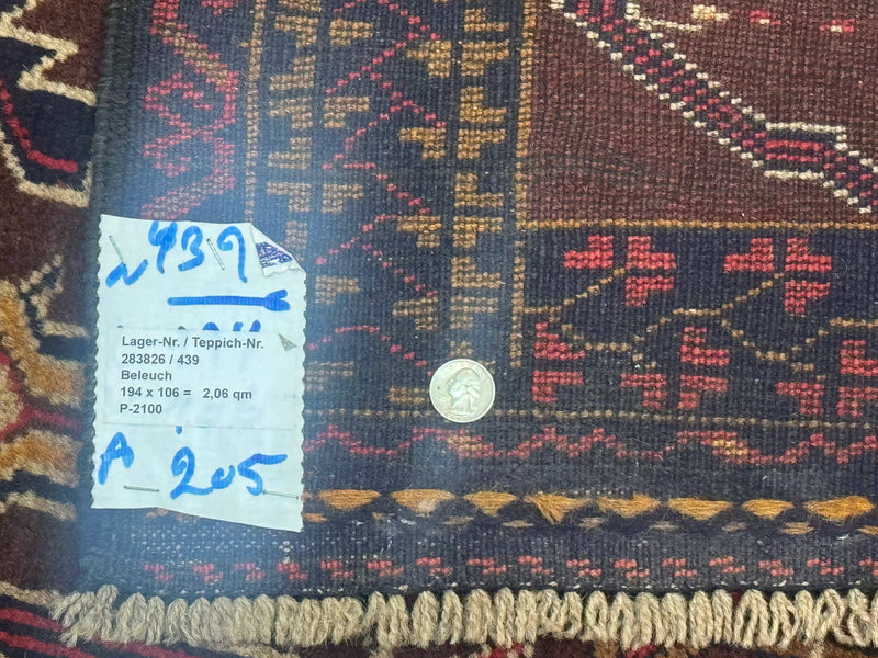 Afghan Rug 3x7, Maroon and Navy Blue, Balouch Carpet, Tribal Rug, New