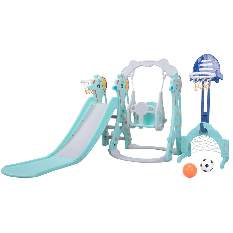 5 in 1 Slide and Swing Playing Set, Toddler Extra-Long Slide with 2 Basketball Hoops, Football, Ringtoss, Indoor Outdoor
