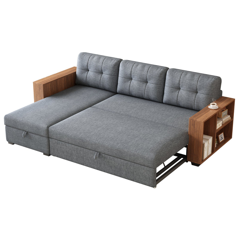 Walker Edison | Linen Pull Out Sectional Sofa with Storage Chaise