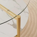 Round Coffee Table for Living Room, Mid-Century Modern Design, D30 x H17, 2-Tier Structure, Clear Glass Top and White Marble Finish Wood Shelf, Sleek Conical Metal Legs with Gold Finish Frame by CozyNest Decor