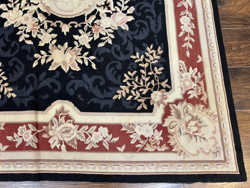Needlepoint Rug 5x8, Wool Handmade Vintage European Design Carpet, Black & Maroon, French Aubusson Pattern Flatweave Rug