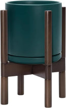D'vine Dev Ceramic Planter with Walnut Color Stand - 8 Inch Modern Round Flower Pot with Wood Planter Holder, Teal, 55-B-Y-4 by GreenHaven Gardens