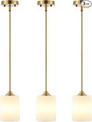 Modern Gold Pendant Light 3 Pack Brushed Brass Mid Century Chandelier White Cylinder Glass Shades Adjustable Rods Farmhouse Ceiling Hanging Lighting Fixture Kitchen Island Dining Room Bedroom by CozyNest Decor