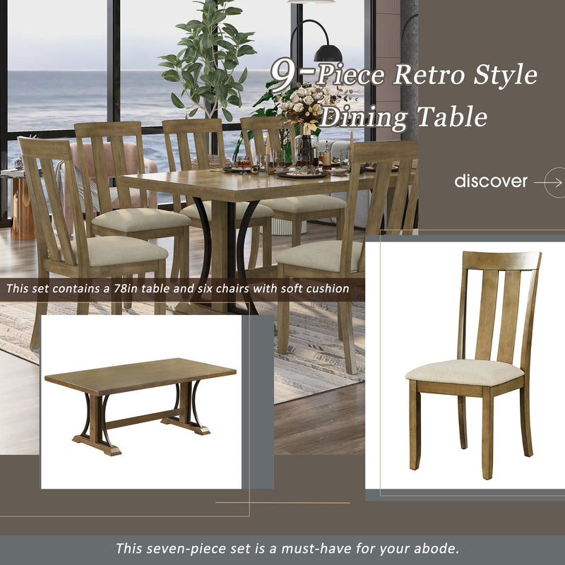 9-Piece Retro Style Dining Table Set 78" Wood Rectangular Table and 8 Dining Chairs for Dining Room (Natural Walnut)