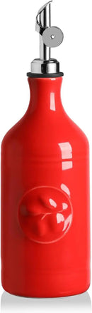 Sweejar 16 Oz Ceramic Olive Oil Dispenser Bottle, Oil Dispenser for Kitchen with Gravity Spout, Relief Opaque Oil Container for Evoo, Avocado Oil, Vinegar, Soy Sauce, 1 Pack(Red, Silver Spout) by CozyNest Decor