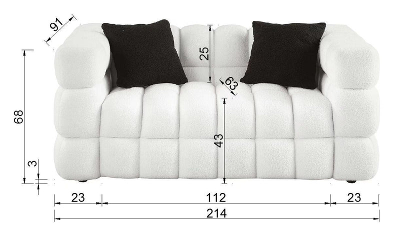 84.3/62.2 length, 35.83" deepth, human body structure for USA people, marshmallow sofa,boucle sofa, White color,3 seater. sofa and loveseater