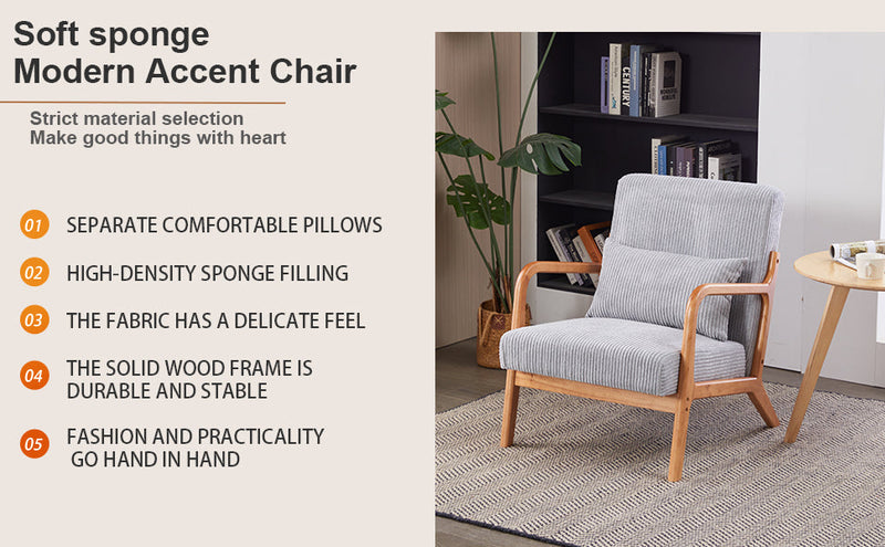 Mid-Century Modern Accent Chair, Arm Chair Living Room Chairs with Pillow Upholstered Reading Chair with Solid Wood Frame &  Living Room Bedroom Balcony (Antique Dark Grey)
