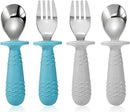 PandaEar 4 Set Baby Toddler Silicone Stainless Steel Utensils Silverware Spoon Fork for Baby Toddler BPA Free with Silicone Holding Anti-Choke Design (Blue&Grey) by TinyTreasures Baby Boutique