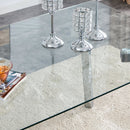 A modern minimalist rectangular glass dining table with tempered glass tabletop and silver metal legs, suitable for kitchens, restaurants, and living rooms,63"x35.4"x30"