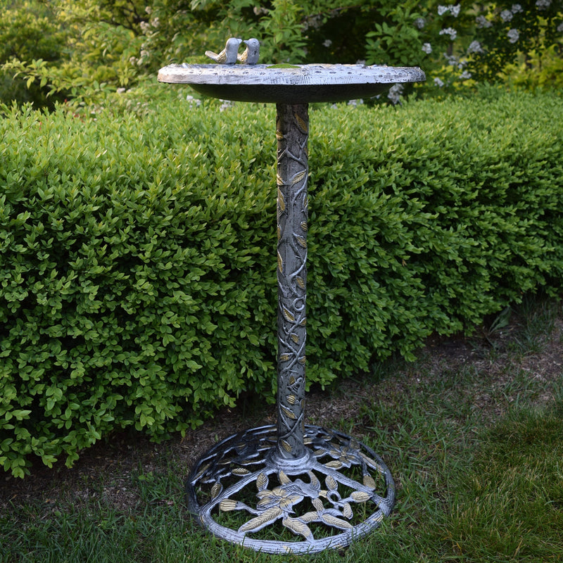 Round Cast Aluminum Metal 32-in Bird Bath with Hummingbirds