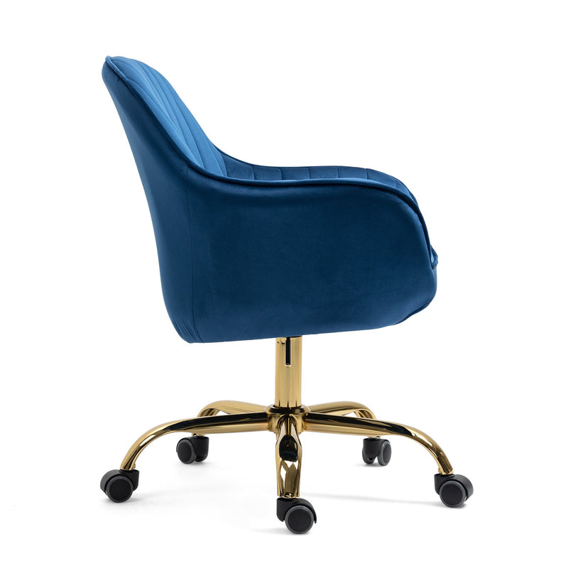 360 Dark Blue Velvet Swivel Chair With High Back, Adjustable Working Chair With Golden Color Base