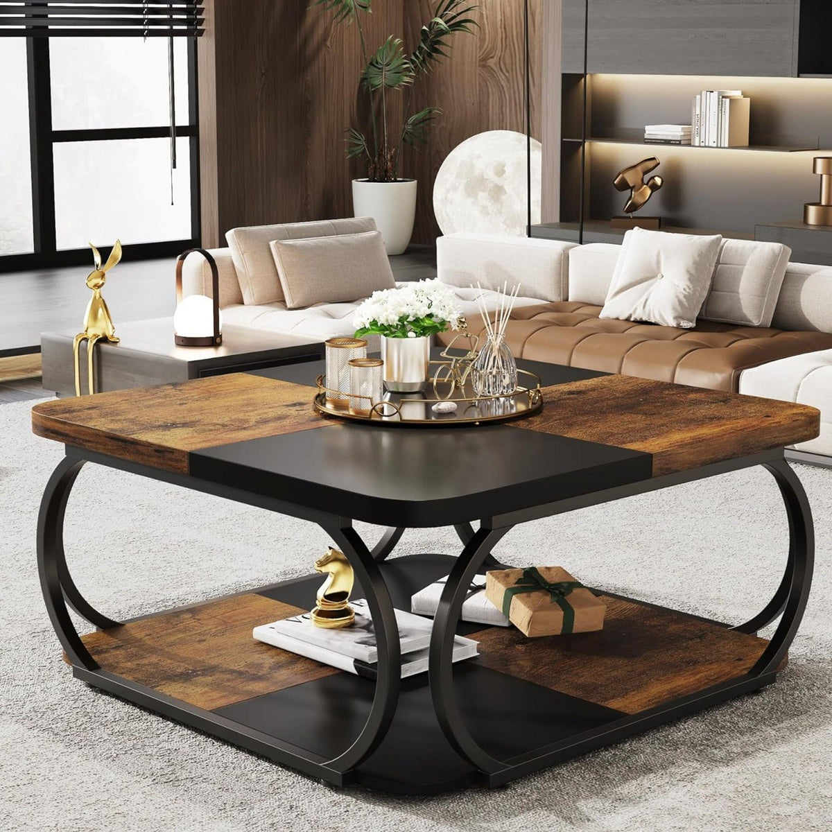 Square Coffee Table With Storage Shelf, 2 Tier For Living Room - Brown / Black, photo 5 of 12
