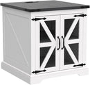 JXQTLINGMU Farmhouse End Table, 24" Large Sofa Side Table with Charging Station, Mesh Barn Door, and Adjustable Storage Shelf, Rustic Wood Square Nightstand for Living Room, Bedroom, Office, White by CozyNest Decor