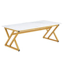 A modern minimalist style white marble patterned coffee table with golden metal legs. Computer desk. Game table. Tea table. CT-XX