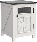 JXQTLINGMU Farmhouse End Table with Charging Station, 18'' Rustic Nightstand with Barn Door & Adjustable Shelf, Wooden Sofa Side Table with 3-Tier Storage for Living Room, Bedroom, White