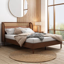 3 Pieces Modern Cannage Rattan Platform Queen Bed + Nightstandx2, Walnut
