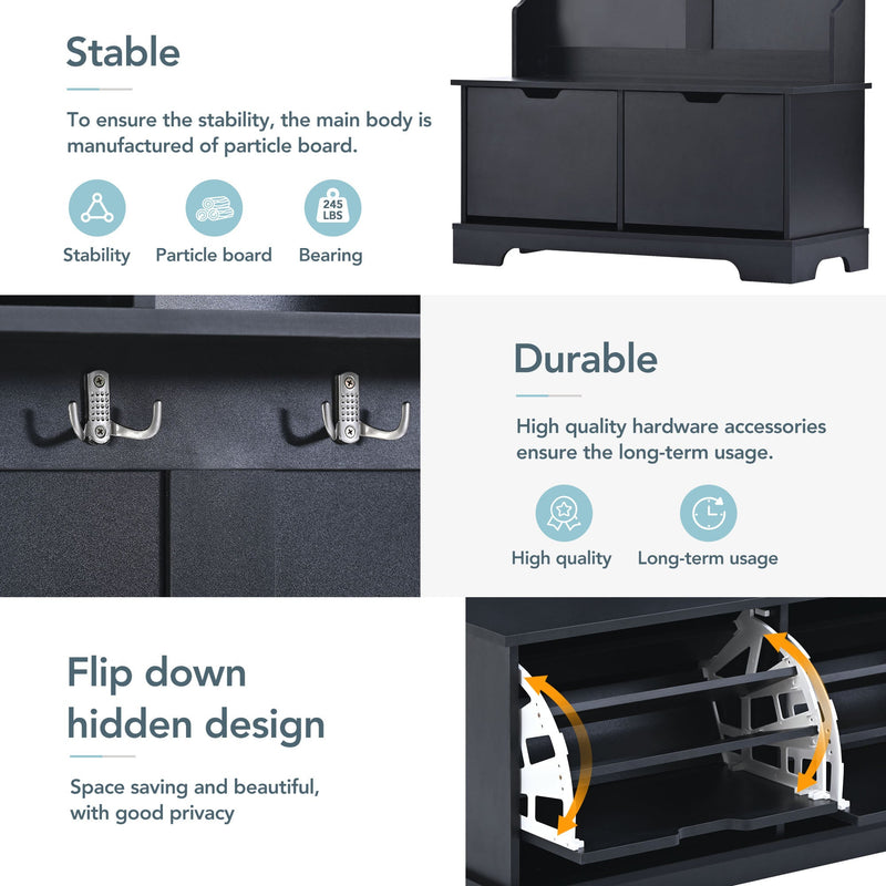 All in One Hall Tree with 3 Top Shelves and 2 Flip Shoe Storage Drawers, Wood Hallway Organizer with Storage Bench and Metal Hanging Hooks, Black