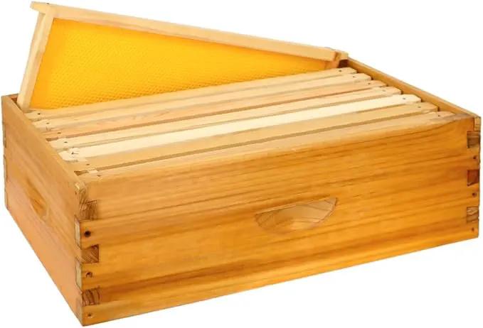 8 Frame Bee Hive Box, Langstroth Medium Super Bee Box Dipped in 100% Beeswax Include Beehive Frames and Waxed Foundation Sheets (Unassembled)