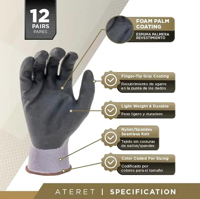 ATERET Work Gloves 12 Pairs Micro-Foam Nitrile Coated Safety Gloves, Seamless Knit Nylon Gloves Home Improvement General Use, photo 3 of 7