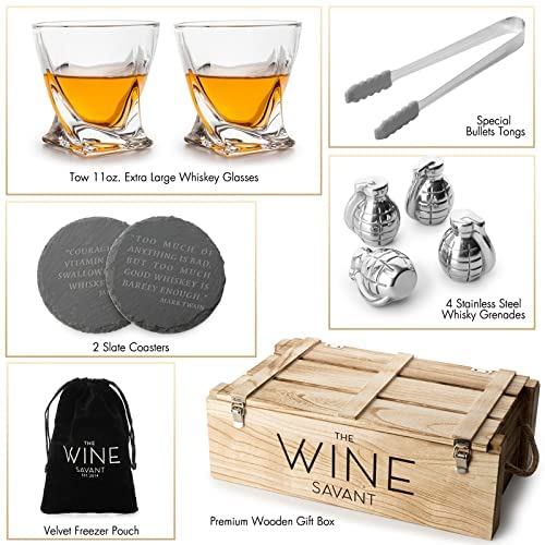 Whiskey Gift Box Set Grenade Whiskey Chillers with Whiskey Glasses Set by The Wine Savant