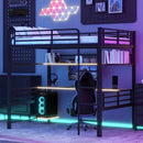 Full Size Loft Bed Frame With Storage Shelf And LED Light - Black by HouseOfZazla