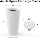 Tall Flower Pot Indoor - Outdoor Plant Pot - White Glossy Planter - Elegant Ceramics Imitation - 12" Diameter 21" Tall with Drainage Holes and Saucer by CozyNest Decor