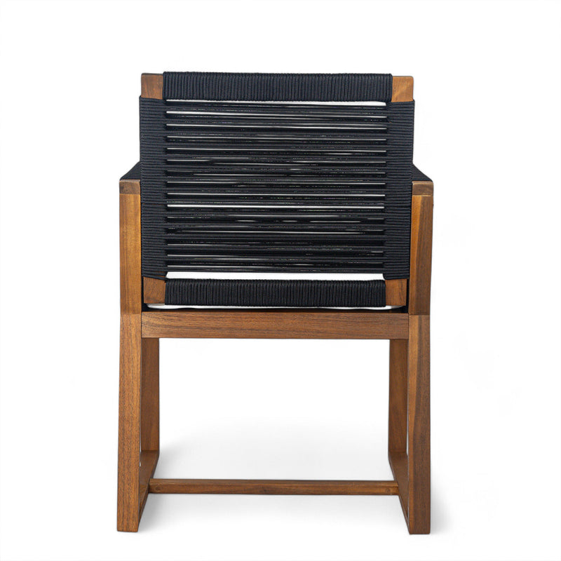 Outdoor Dining Chairs Set of 2, Acacia Wood Patio Armchair with Rope Design Back and Arms and Washable Cushion,for Backyard, Poolside, Garden,Black