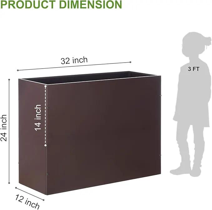 Metal Rectangular Planter Box Tall Planters for Outdoor Plants Modern Heavy Duty with Drainage Holes for Outside Indoor Patio Deck - Brown, 32”x 12”x 24”, photo 2 of 6