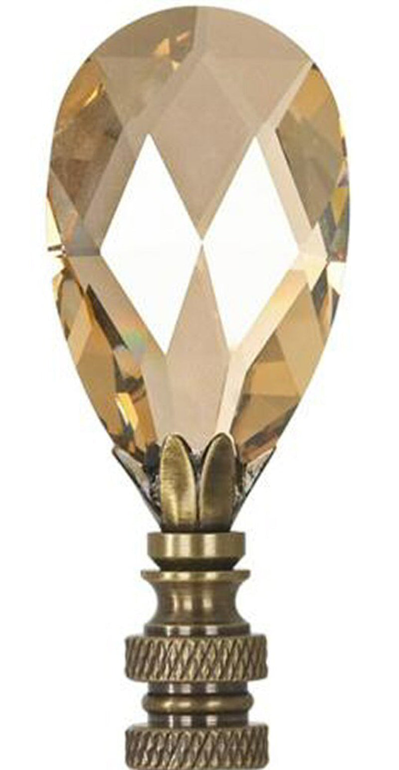 Stephanov Large Champagne Crystal Teardrops Lamp Finial Antique Brass 2.85"h