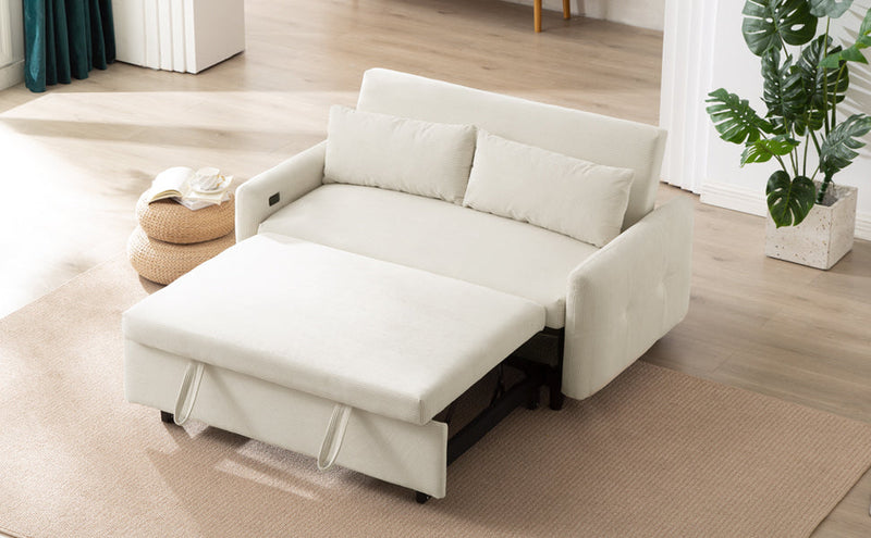 57.48" Pull-out Sofa Bed Convertible Couch 2 Seat Loveseat Sofa Modern Sleeper Sofa with Two Throw Pillows and USB Ports for Living Room, Beige