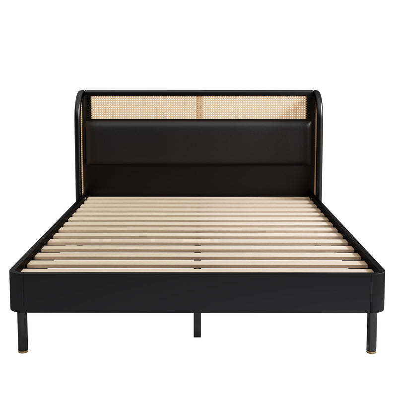 3 Pieces Modern Cannage Rattan Platform Queen Bed + Nightstandx2, Black