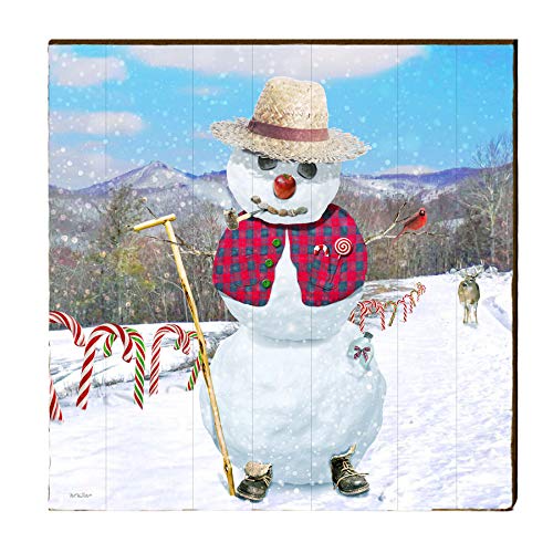 Mountain Snowman Home Decor Art Print on Real Wood