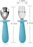 PandaEar 4 Set Baby Toddler Silicone Stainless Steel Utensils Silverware Spoon Fork for Baby Toddler BPA Free with Silicone Holding Anti-Choke Design (Blue&Grey) by TinyTreasures Baby Boutique