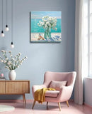Bathroom Decor Ocean Daisy Flower Canvas Wall Art Coastal Nautical Seashell Seascape Framed Picture Ocean Theme Seascape Painting Artwork for Bedroom Home Decoration Square Blue 14x14" by CozyNest Decor