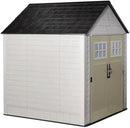 Rubbermaid 7 Foot by 7 Foot Weatherproof Outdoor Storage Shed for Garden Tools and Lawn Machinery Organization with Lockable Double Door Sandstone by GreenHaven Gardens