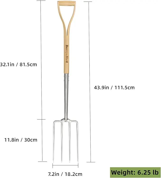 Berry&Bird Gardening Digging Fork, 4-Tine Stainless Steel Pitchfork, 43.9" Heavy Duty Spading Fork with D-Grip Handle and Ergonomic Ash Wood Handle for Digging, Planting, Cultivating, Aerating, photo 5 of 8