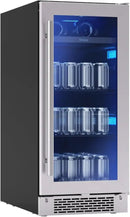 Zephyr Brisas 15 Inch Slim Beverage Fridge Single Zone Under Counter - Narrow Mini Wine & Drink Cooler Small Cabinet Wine Refrigerator Home Bar Freestanding with Glass Door - 4 Bottles, 64 Cans by CozyNest Decor