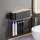 UV Toothbrush Sanitizer Holder for 4 | Wall Mounted Toothbrush Holder for Bathroom with Fan Drying | USB Rechargeable Toothbrush Cleaner & Sterilizer, No Drill Install, Modern Design (Black) by CozyNest Decor