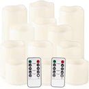 Flameless Battery Operated Outdoor Waterproof Set of 12(D: 3" x H: 3" 4" 5" 6") Pillar LED Candles with 10-Key Remote and Cycling 24 Hours Timer by CozyNest Decor