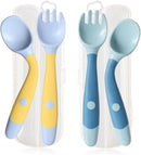 Baby Utensils Spoons and Forks Set Bendable Self-Feeding Silverware for Toddler Children with Travel Case Gum Friendly Food Grade (Yellow+Green, 2 Set) by TinyTreasures Baby Boutique