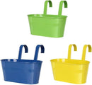Metal Railing Planter for Outdoor Plants - 3 Pack Balcony Hanging Flower Pots with Detachable Hooks and Drain Holes Oval Bucket Rail Box Fence Planters for Home Garden Decor, Green Yellow Blue by GreenHaven Gardens